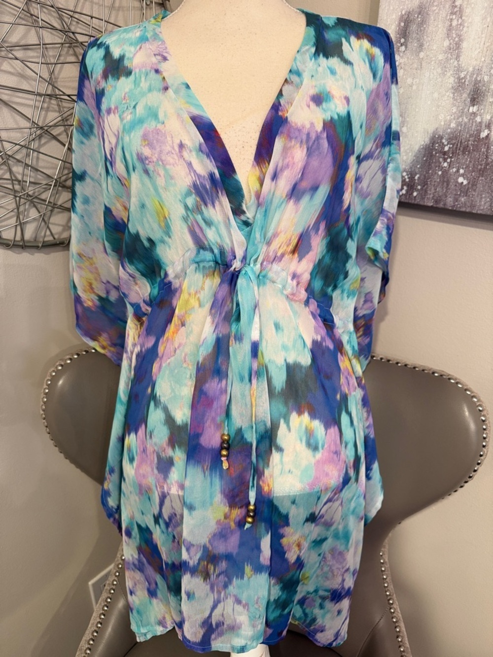 Vibrant Blue Multi Watercolor V-Neck Tunic swim coverup